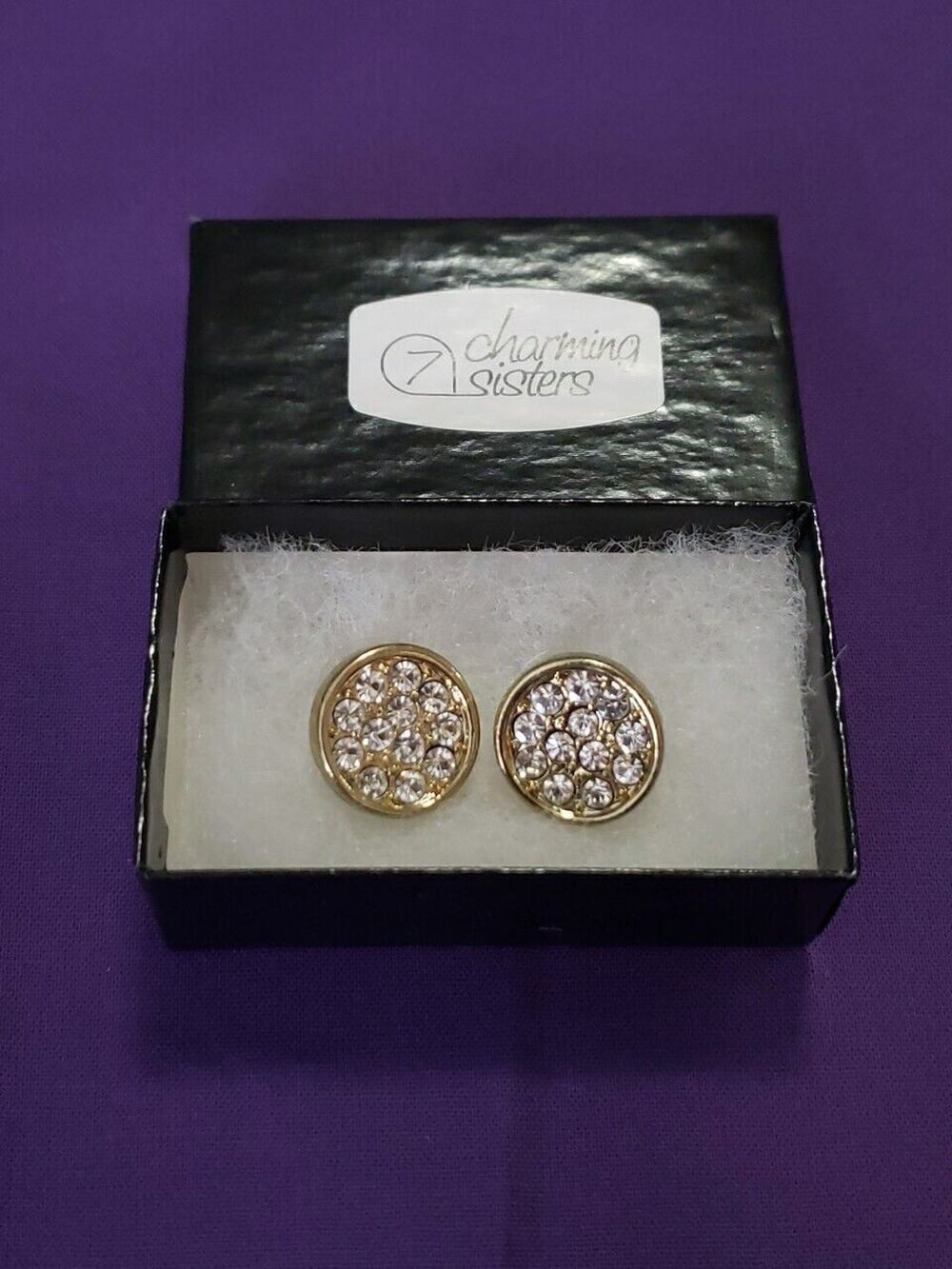 Gold Tone Round Disc Shaped Earrings With Sparkly Clear Rhinestone Accents New
